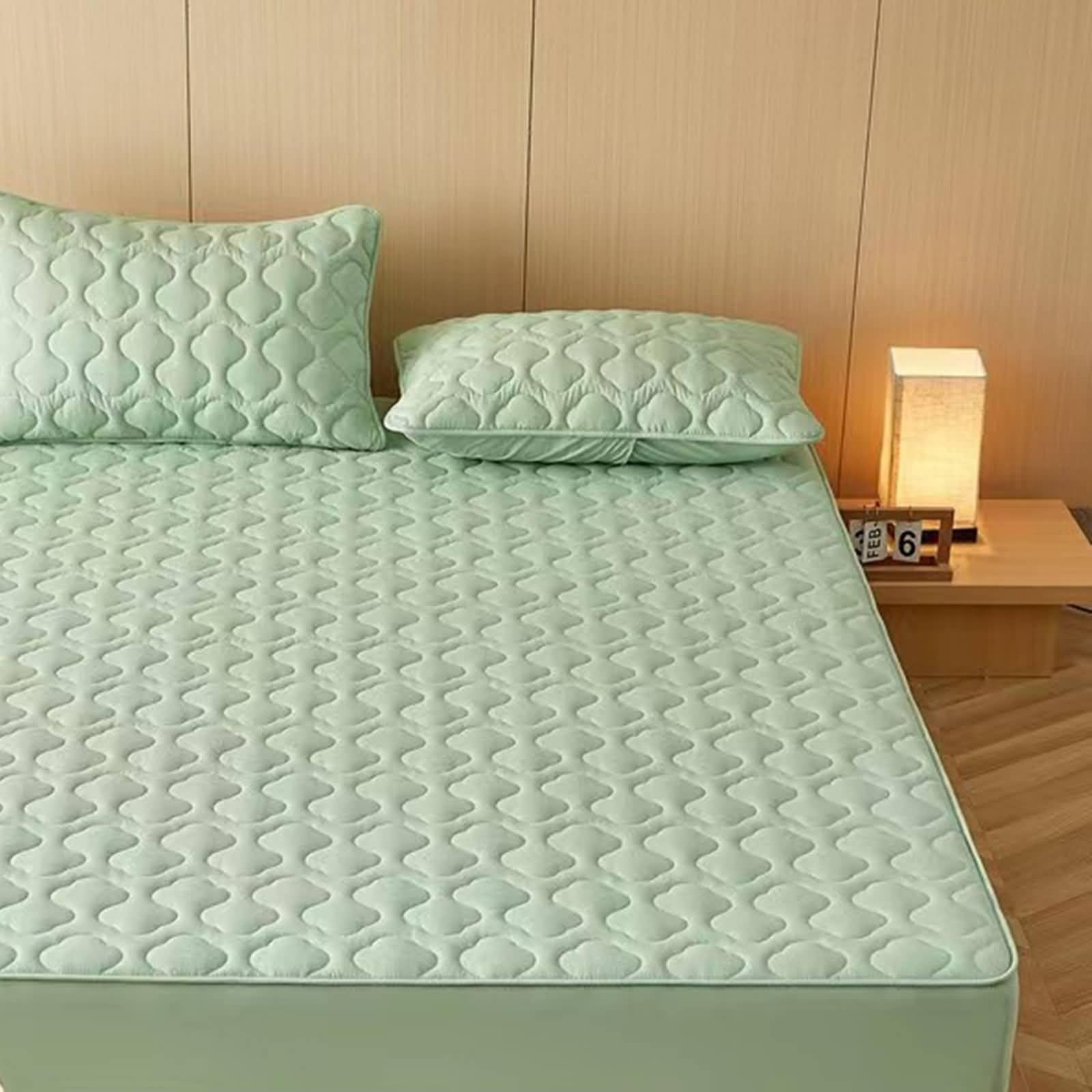 Protège Matelas 200x220, Vert Grille texturée Drap-Housse en Coton | Facile d'entretien, 200x220cm