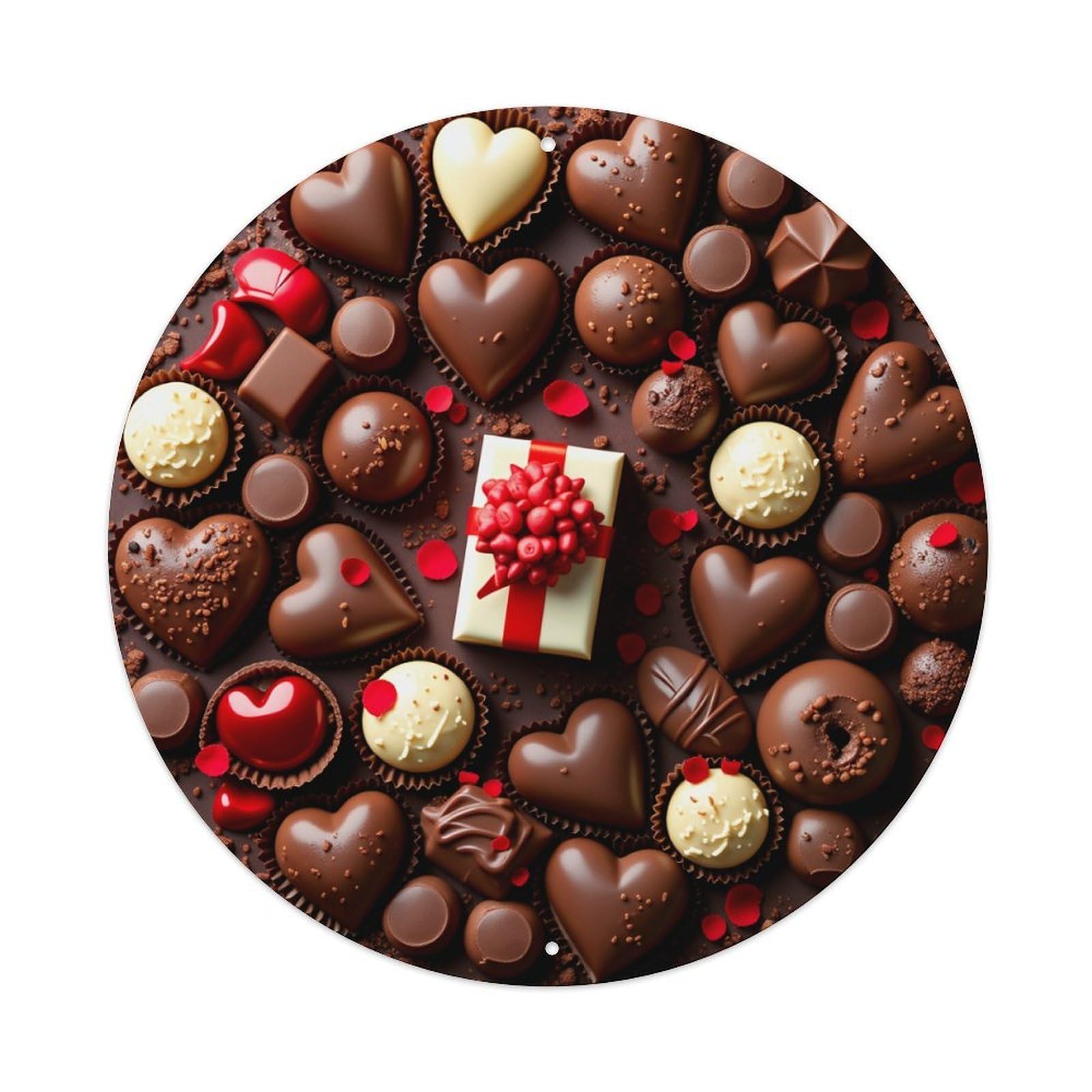 Heart Shaped Chocolate Assortment Round Tin Sign Vintage Metal Poster, Home Bar Garage Man Cave Cafe Indoor & Outdoor Wall Decoration 8x8Inches