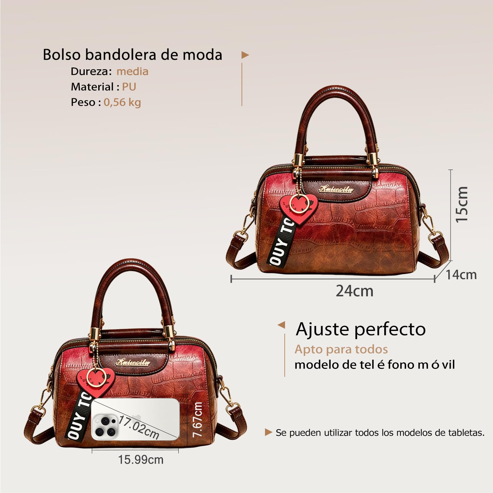 Moda Bolso Boston para Mujer Bolsos de Hombro Bandolera con Colgante Corazón PU Cuero Bolso de Mano Bolso Cruzados con Textura Piedra Elegante Tote para Trabajo Compras Citas Viajes Rojo