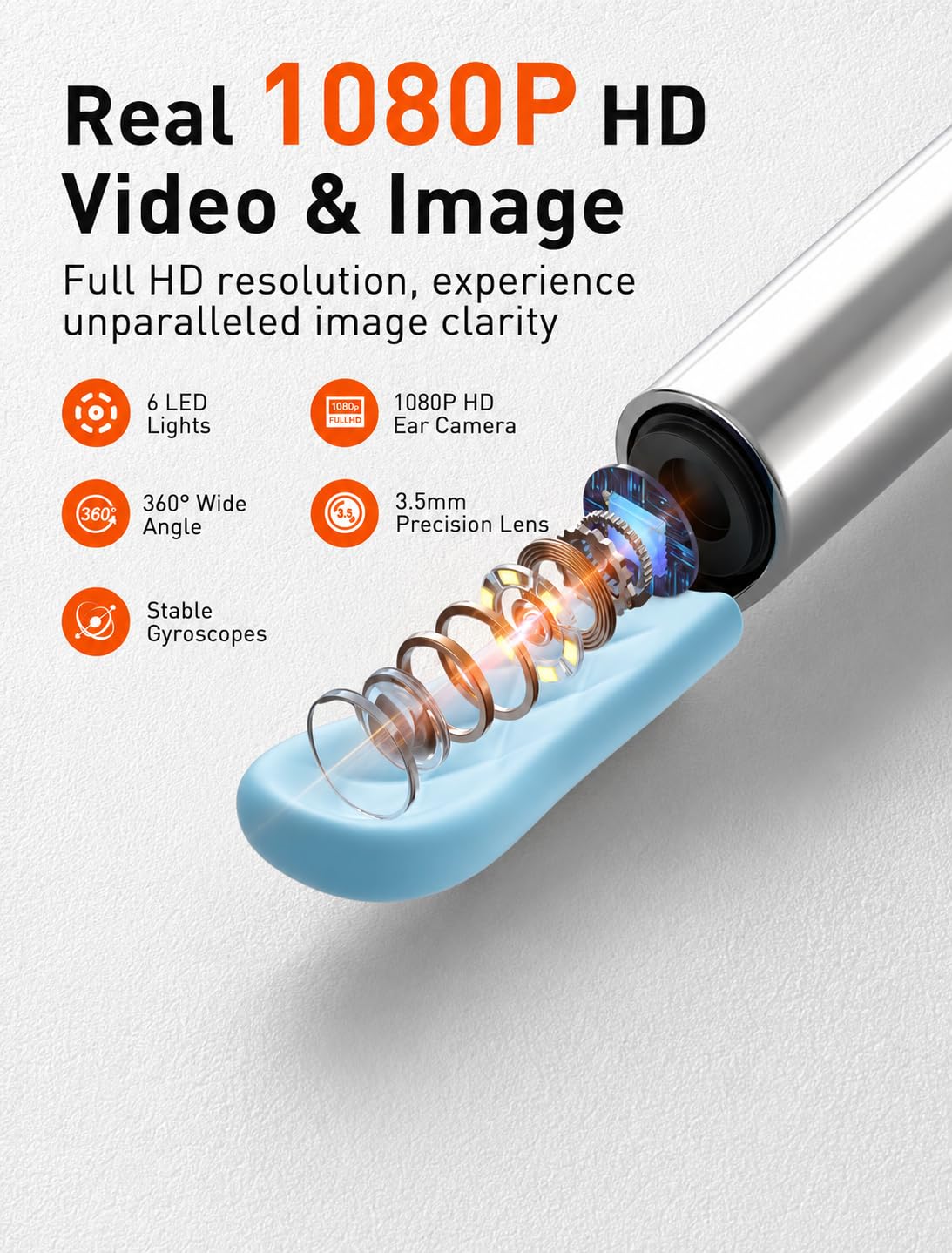 Otoscopio, Otoscopio Digitale, Rimozione di Cerume con Telecamera, 1080P Impermeabile Endoscopio con 6 Luci LED, Pulisci Orecchie per iPhone, iPad e Android