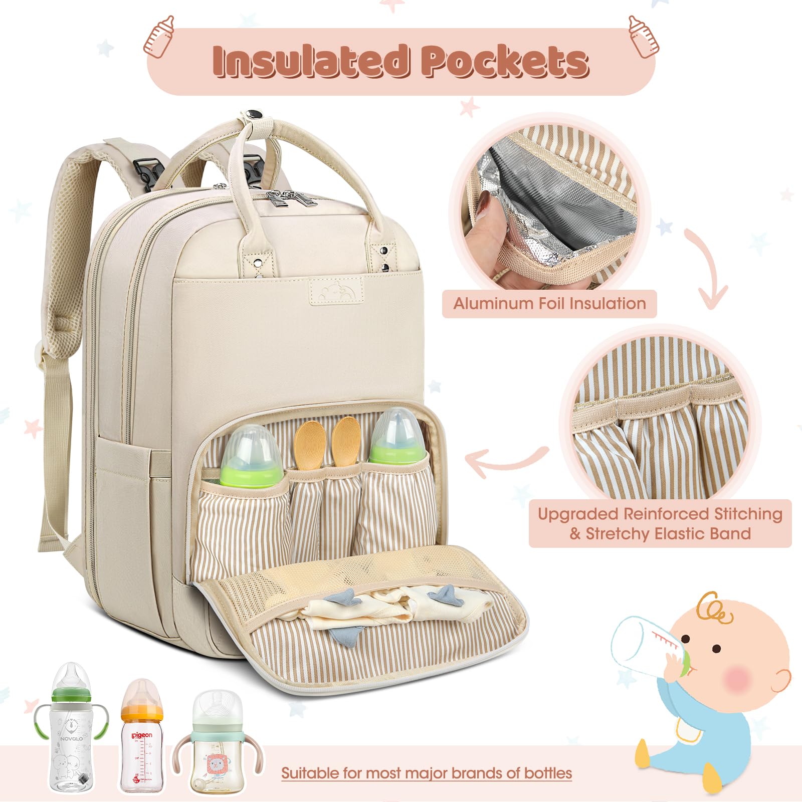 RAINSMORE Mochila Bebe Mochila Carro Bebe Pañaleras para Bebes Multifuncional Mochila Maternidad con Cambiador Bebe Plegable y Correas de Cochecito Beige