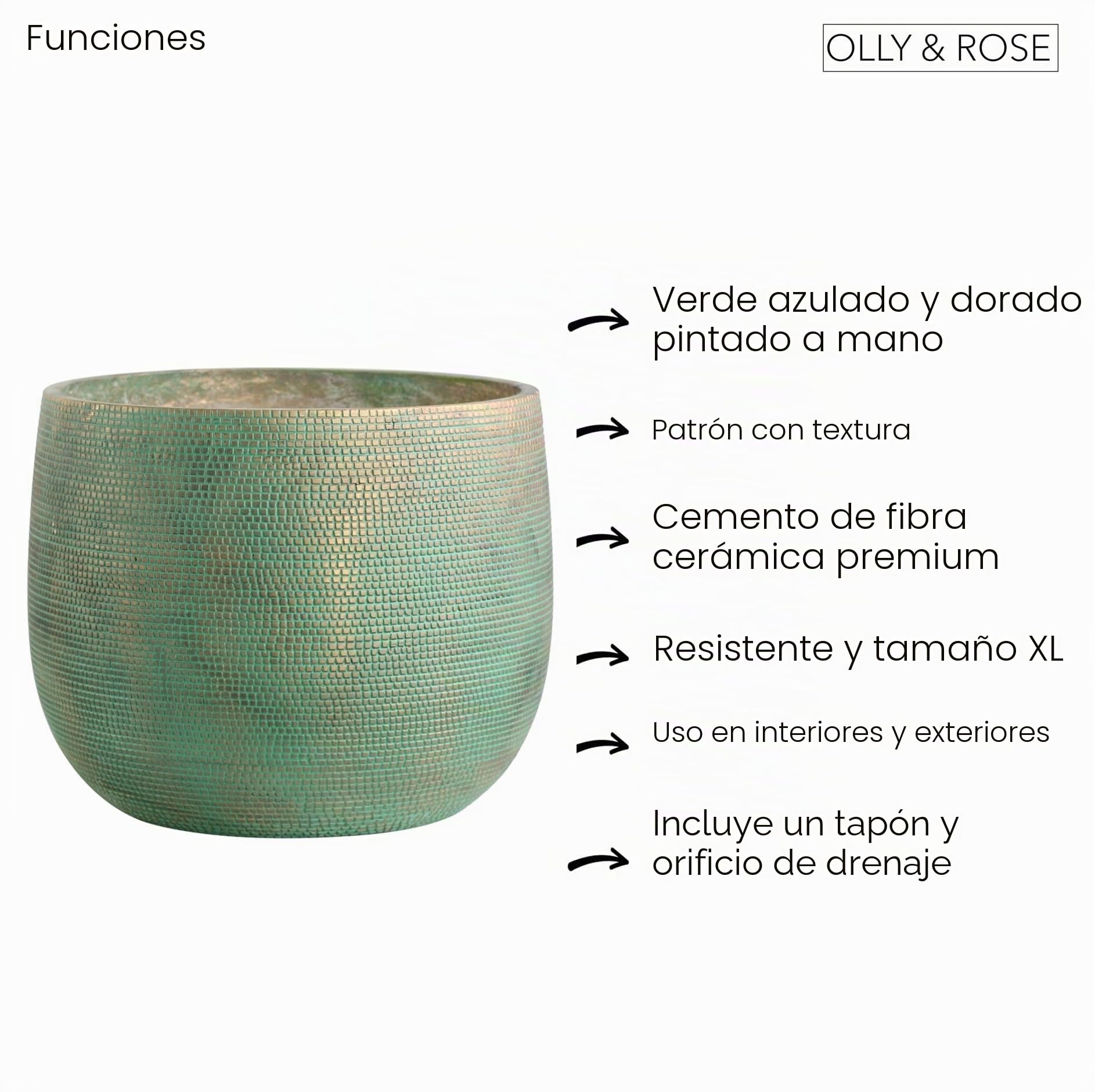 Olly & Rose Maceta Extragrande con diseño de Bali, Verde Azulado y Dorado, Maceta XL, 40 cm