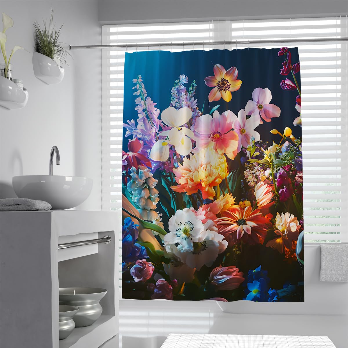 UIRINGART Vibrant Botanical Shower Curtain W180xL220cm Luxury Dark Blue Wildflower Waterproof Water Repellent Bath Curtains Rustproof Grommets Home Hotel