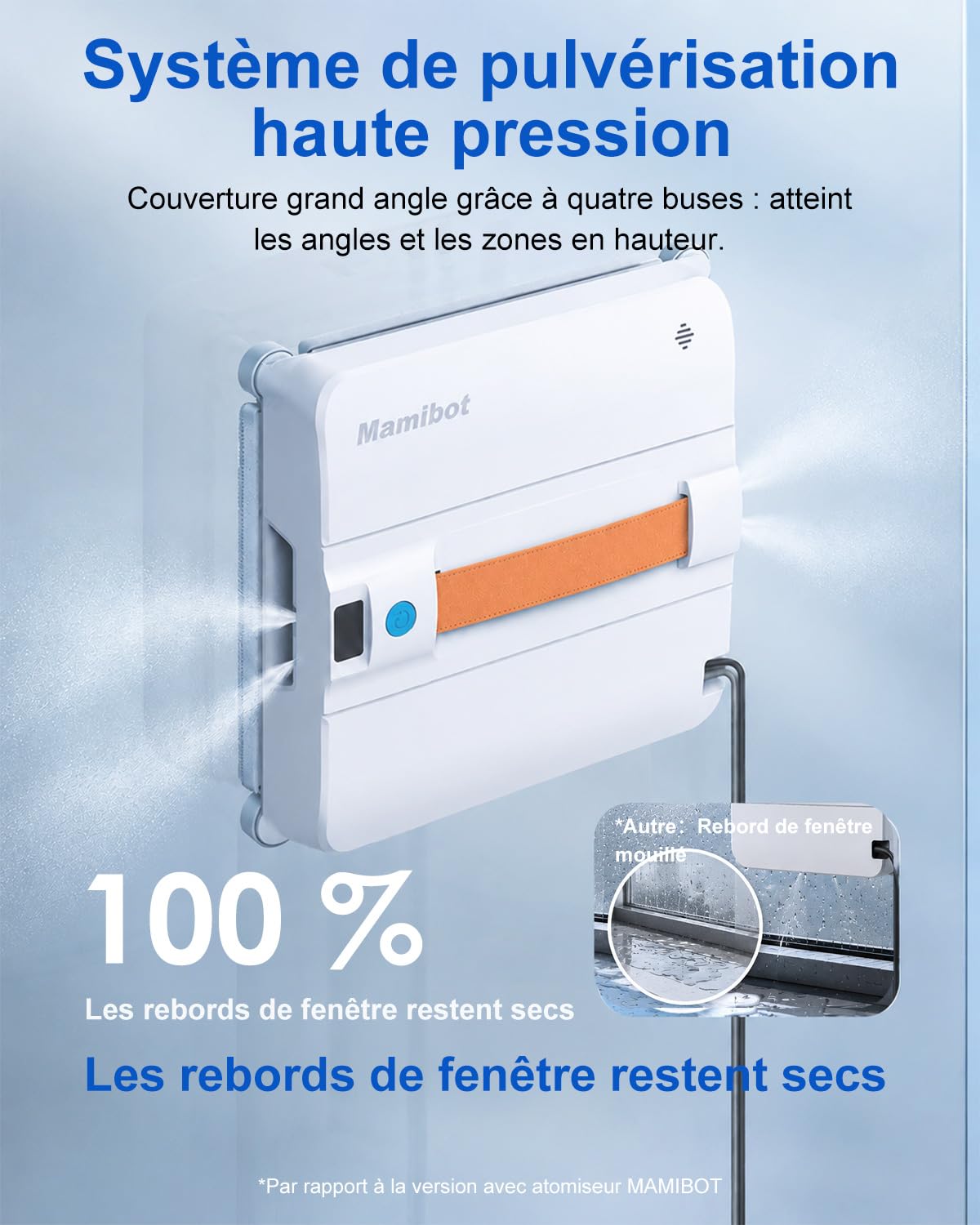 Mamibot W120-DP Robot Nettoyeur Vitre, fonction pulvérisation, planification intelligente du trajet, jet d'eau double croix, télécommande et application pour le nettoyage des vitres, blanc/bleu