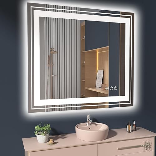Miniatura 216 de Espejo LED de baño, 36 x 36 pulgadas con luz frontal y retroiluminada, antiniebla, espejo de tocador de baño para pared, función de memoria