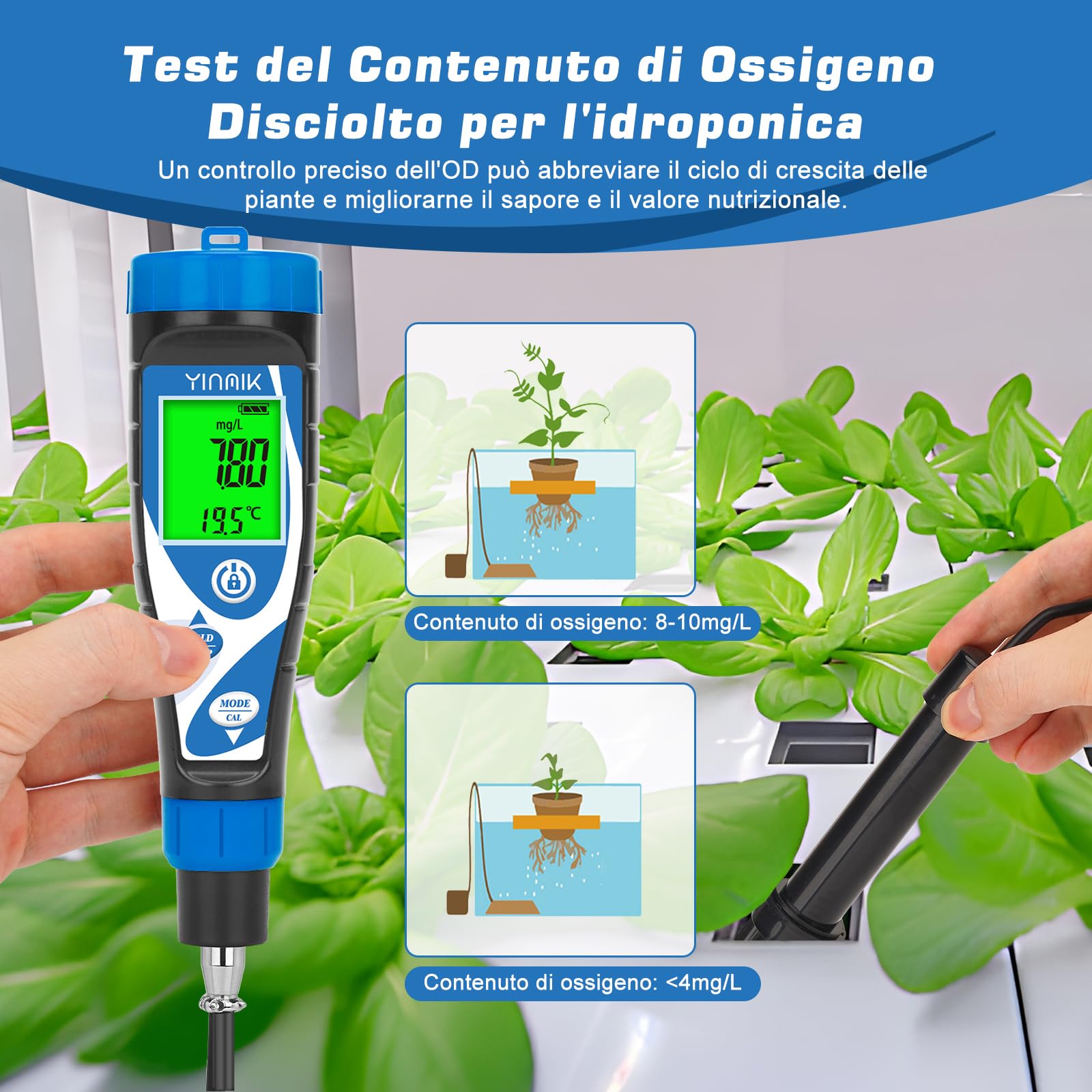 Misuratore di Ossigeno Disciolto Intelligente Misuratore di DO per Acquario Misuratore di Ossigeno Disciolto Digitale con Cavo Sonda DO Da 3m Misuratore di DO Portatile per Acquacoltura
