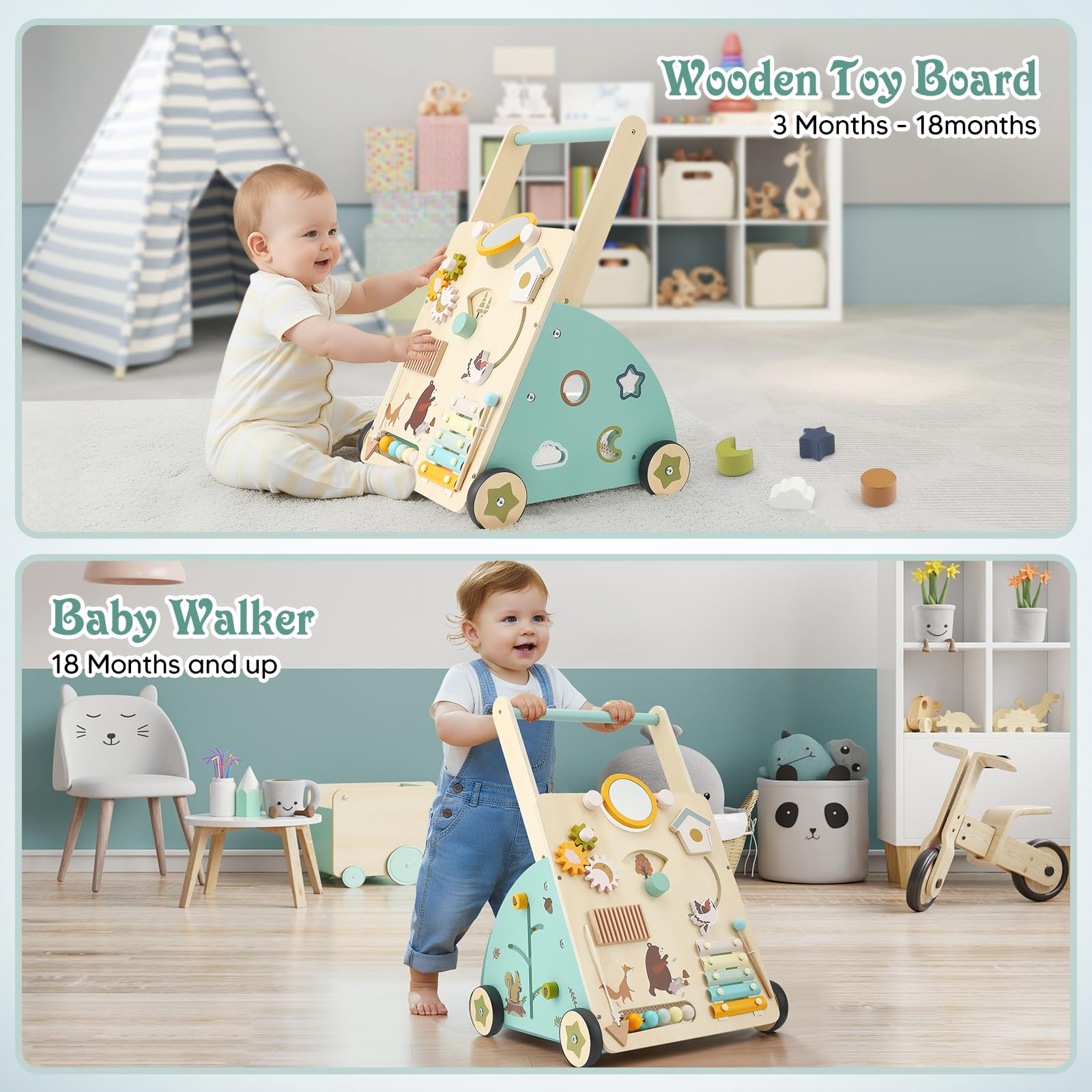 Carrello Primi Passi in Legno per Bambini,10 in 1 Baby Activity Center Push Walker regolabile, Girello Montessori con Centro Attività,da 10 mesi a 1-2 anni,Baby Walker Regali di Compleanno