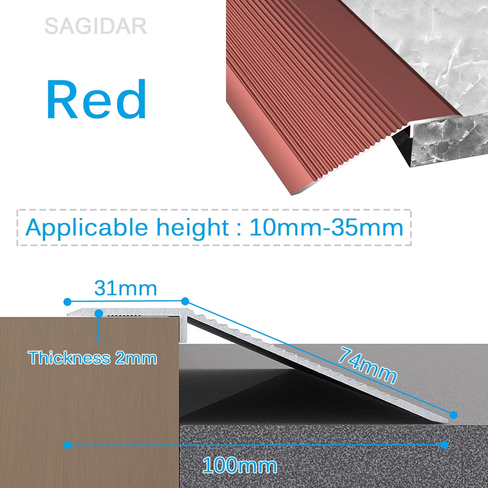 SAGIDAR Barre De Seuil Aluminium De 10cm Large, Profil Rail De Transition Plate, Baguette Recouvrement pour Sol Irrégulier, Bandes De Connexion Antidérapantes, Bandes De Transition De Seuil Robustes