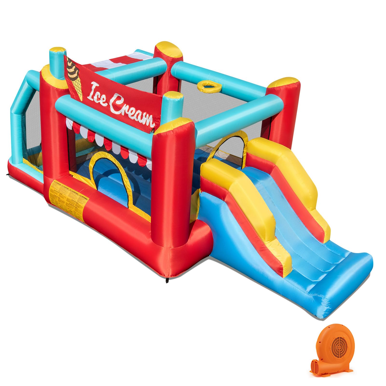 HONEY JOY Inflatable Bounce House, Ice Cream Themed Indoor Kids Bouncy House with Slide, Ring-toss, Basketball Hoop, Ball Pit, Blow Up Jumping Bouncing Castle for Kids Outdoors (with 520w Blower)