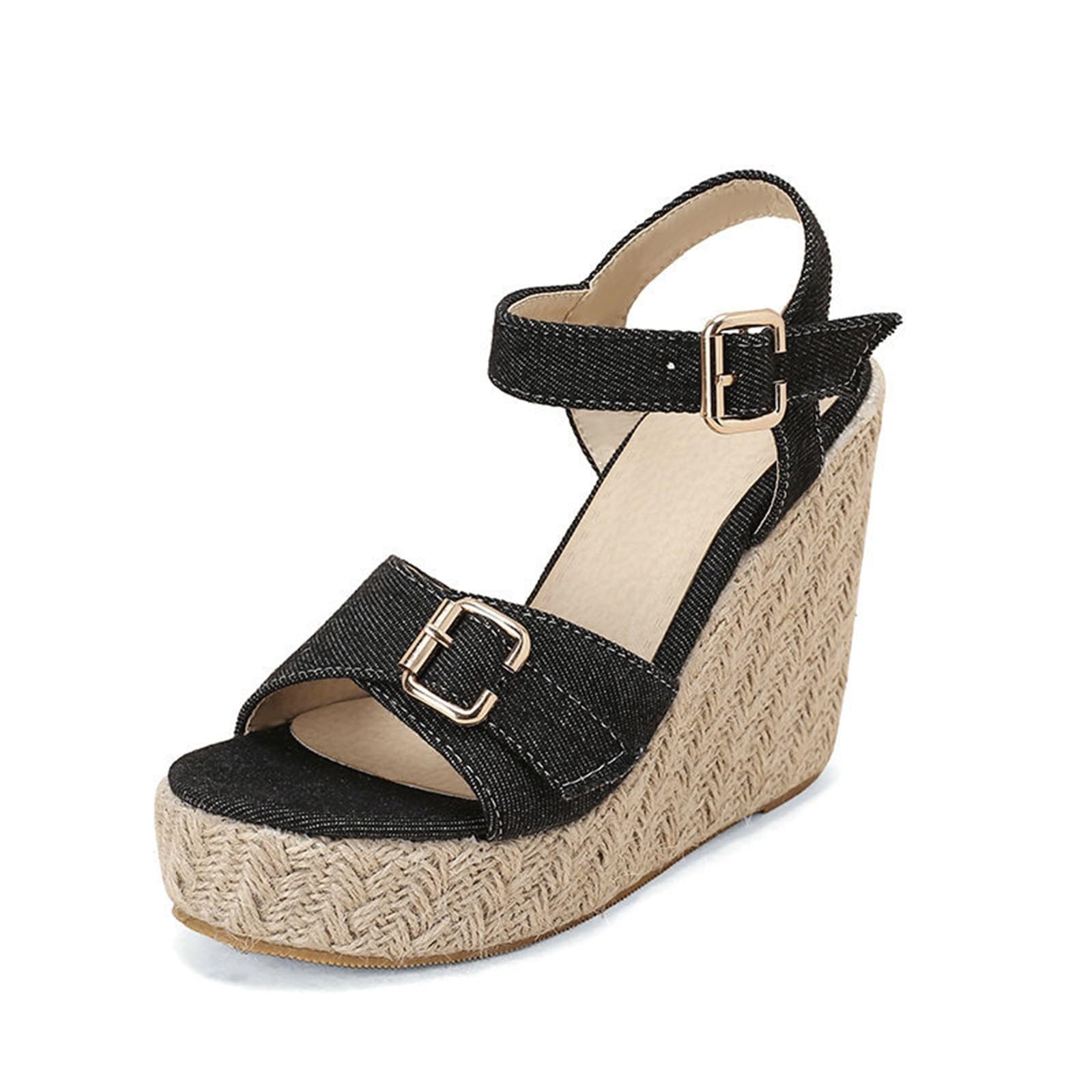 Genérico Sandalias Trekking Mujer Zapatos De Vaqueras Con Cuña Novedad Verano Hebilla Cinturón Pescado Línea Trenzada Tacón Para Sandalia Ancho Especial Cuerdas Boho Negras Tacon Blanca