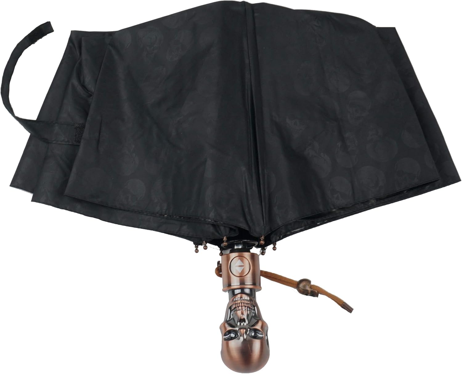 review MINGXIN011 Auto Open and Close Triple-Folding Umbrella Cool Skulls Printed Canopy Skull Shaped Handle Inner UV Protection Golden Coating Parasol