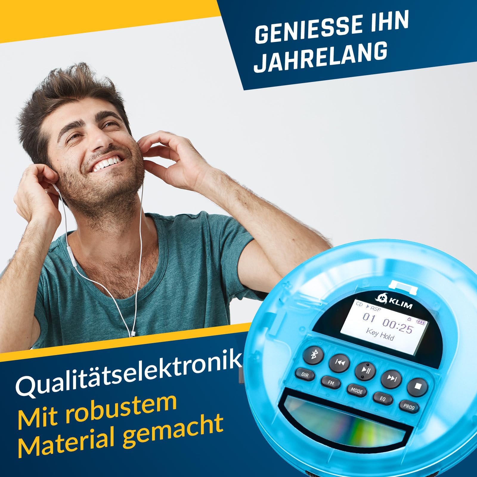 KLIM Nomad Transparent Blau - tragbarer CD-Player Walkman mit ausdauerndem Akku - inklusive Kopfhörer - MP3 Player - TF-Karte, FM Radio, Bluetooth, AUX - ideal für Zuhause und Auto