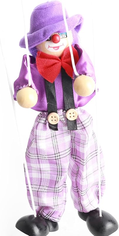 Clown Pull String Toy Wooden Marionette Puppet Vintage Clown Joint Activity Doll Funny Colorful Hanging Ornament with Bright Colors for Kids Xmas Decor (Purple)