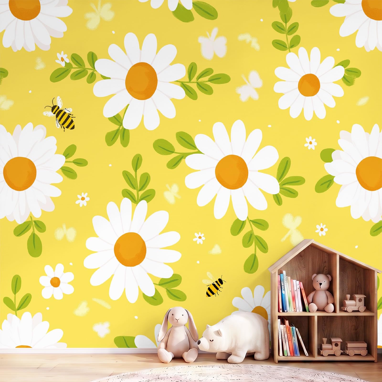 Tapeta na flizelinie, tapeta ścienna, stokrotki, zielone liście, ciepła żółta, fototapeta z motywem 200 x 140 cm, obraz ścienny, dekoracja do pokoju dziecięcego, jadalni, na ścianę, dziecięca, wesoła