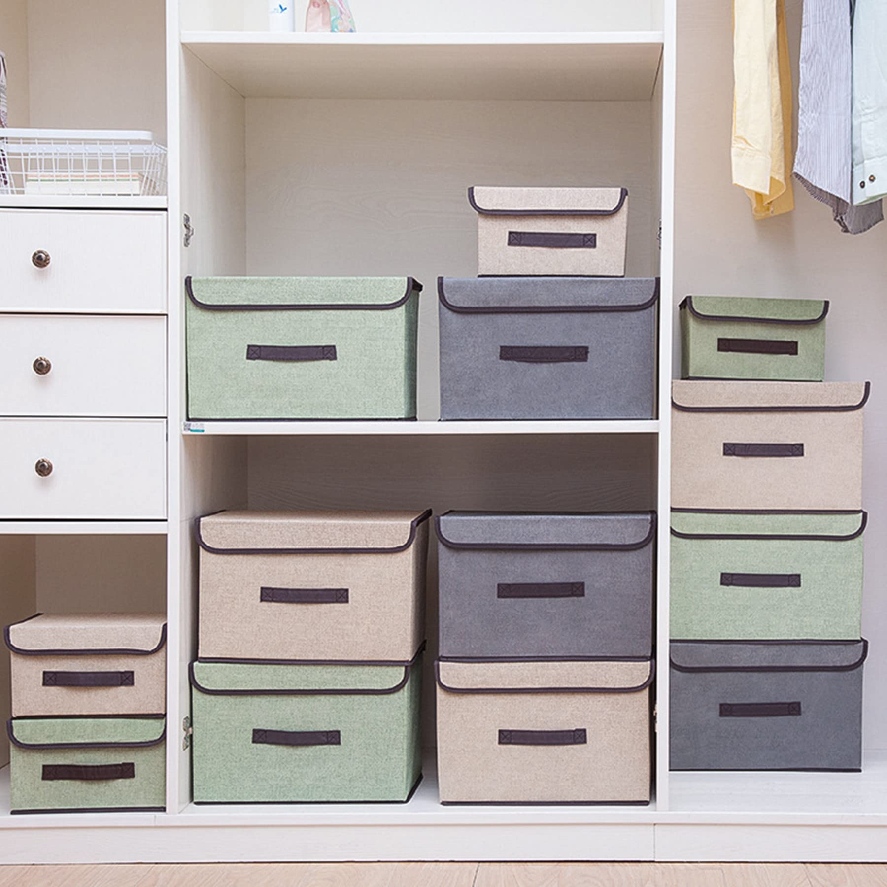 12pack caja almacenaje con tapa,Cajas de tela plegables con tapa,Organizador de armario para guardar ropa,Organización de espacio,Juguetes-Beige(26×19×16cm/6pack+36×23×24cm/6pack)