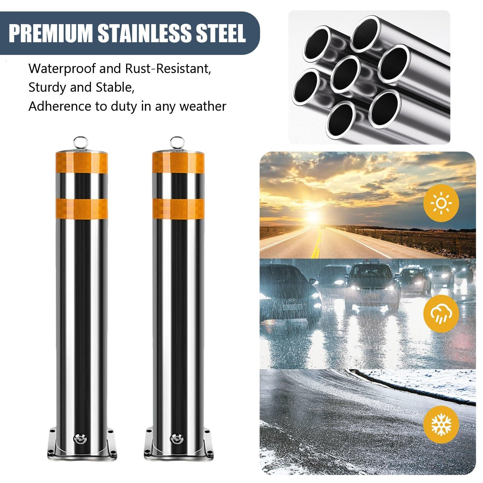 Paquete De 2 Bolardos De Seguridad De Acero Inoxidable Para Exteriores Bolardos De Barrera De Seguridad De Alta Visibilidad De 39,4 Pulgadas De Alto Bloqueables(39.4x3 in)