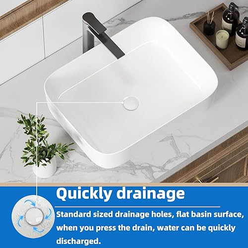 Miniatura 13 de KINGWONG Fregadero de encimera de 24 pulgadas para baño, lavabos de baño rectangulares modernos, poco profundos, de porcelana de cerámica blanca