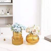 Vista 4 de Jarrones de vidrio acanalado, juego de 2 jarrones estriados para flores, florero de vidrio ámbar para tulipanes, jarrón moderno para sala de estar