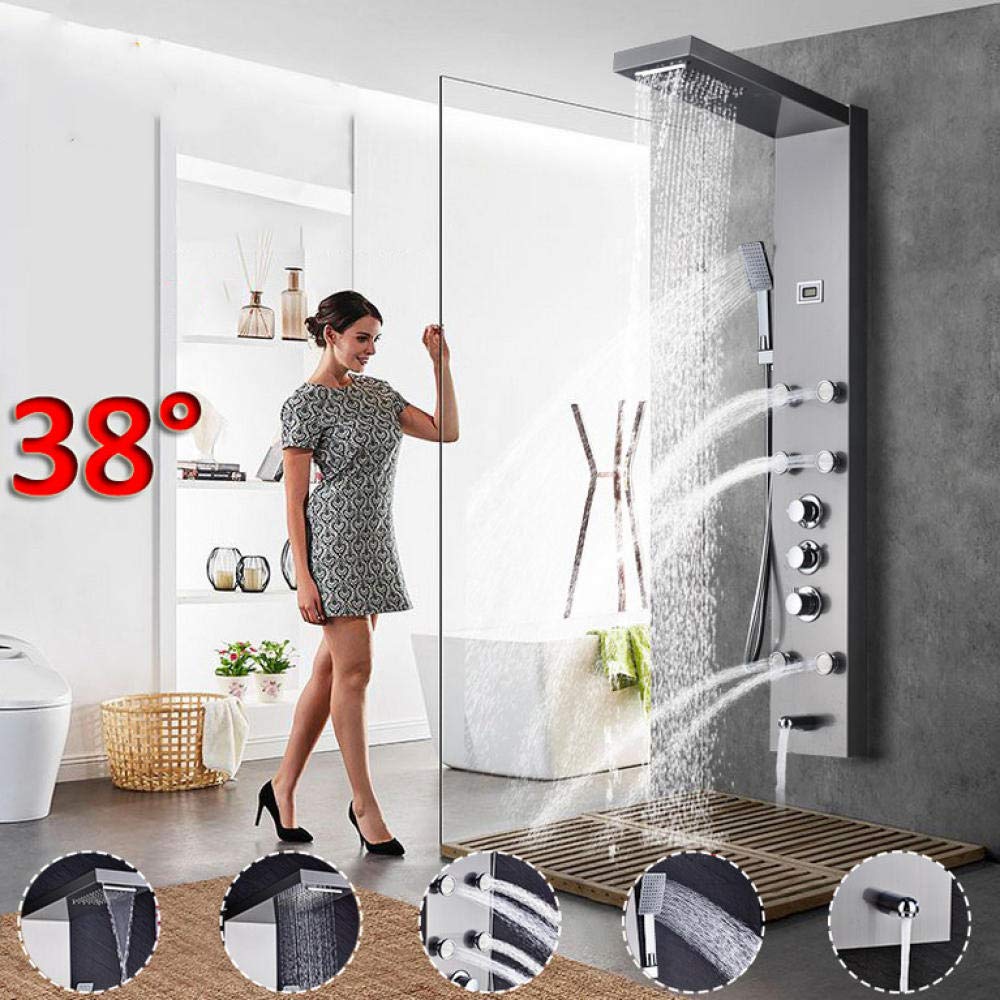WieocThermostatic Shower Panel Brushed Nickel Black Rainfall Waterfall Shower Faucet Massage SPA Jets Three Handles Mixer Tap-Brushed Nickel