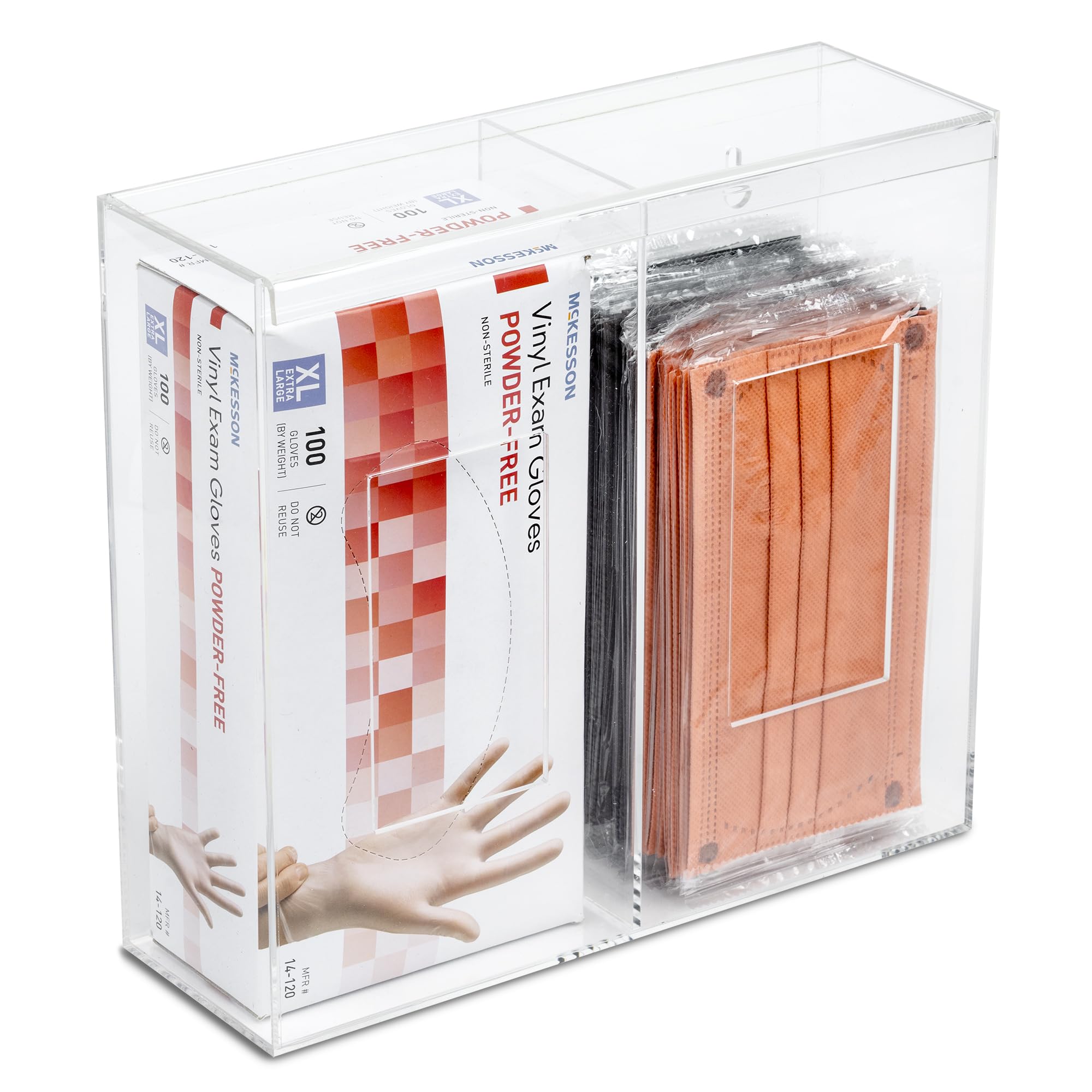 Inevibe Double Hygiene Holder - 2 Compartment Acrylic Dispenser With Lid for Hairnets, Glove Boxes, Face Masks, Plastic Bags, Tissue Boxes in Home or Medical Setting - Counter or Wall Mount (Double)