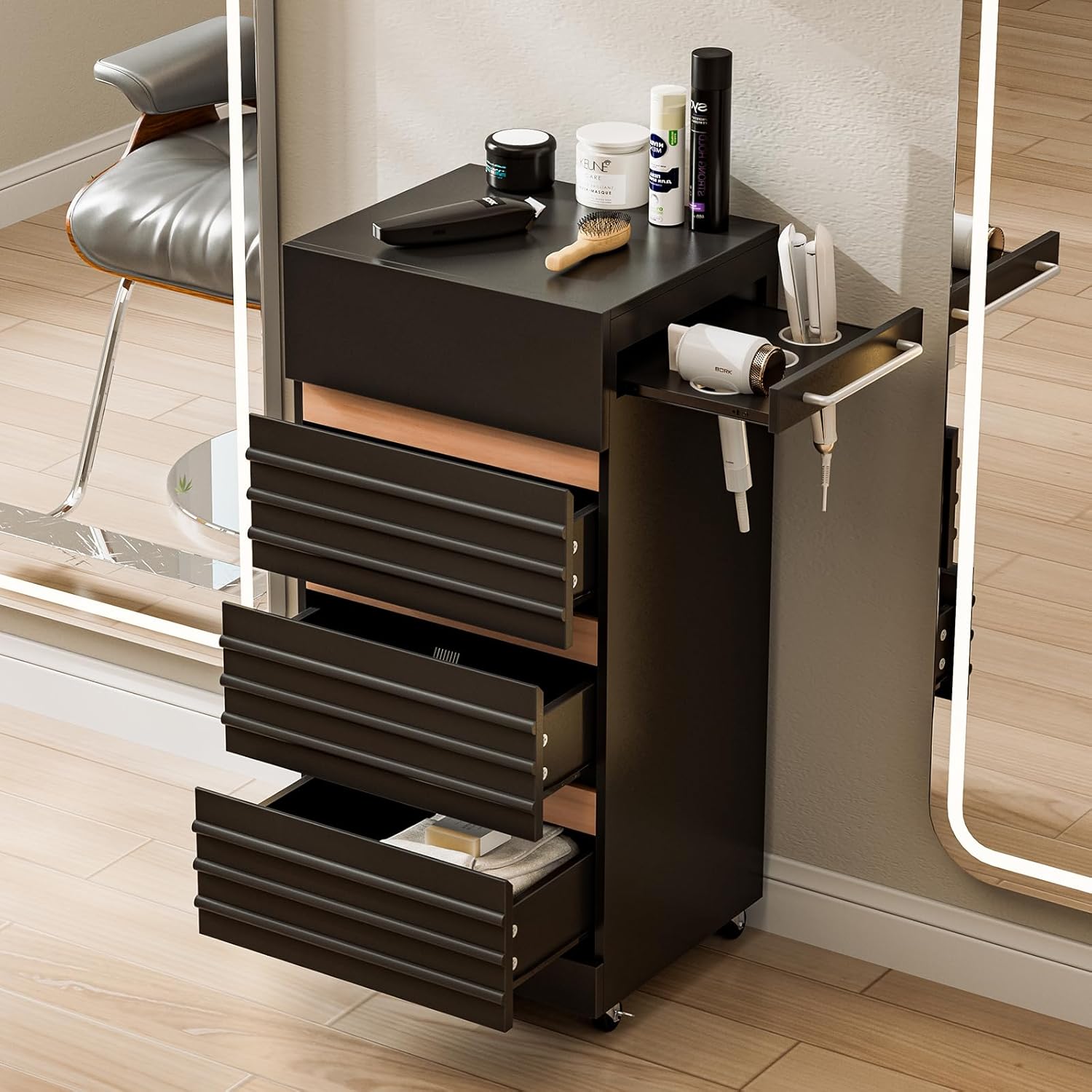 Salon Trolley Cart with Lockable Wheels, Rolling Hair Cart with 3 Dryer Holders for Hair Stylist, Wall Mount Makeup Organizer Stations Cabinet for Beauty Spa Barbershop Tattoo (Black)