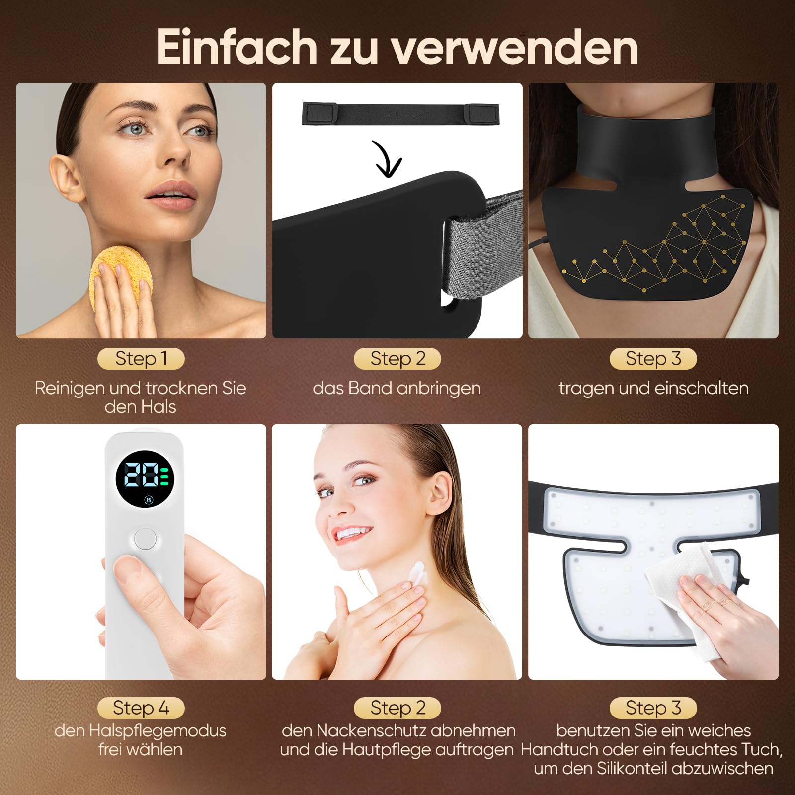 44 Triple-LED Rotlicht-Maske für Hals und Dekolleté, 4 Modi, Timer, Tragbares Silikon-Hautpflegegerät für zu Hause, Massagegerät mit LED-Lichttherapie