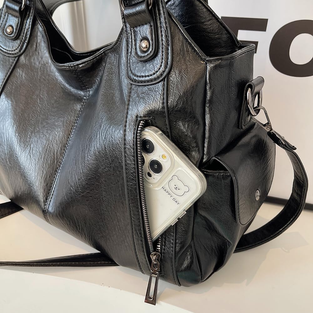 GSenhui Bolso de mano vintage para mujer, bolso de ciudad, holgado, grande, de piel sintética, estilo punk, bolso de hombro para mujer, para viajes, negro