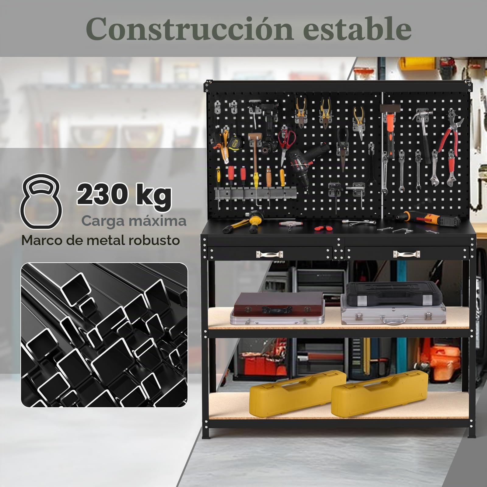 GYMAX Banco de Trabajo de 121 x 61 cm con Panel Perforado, Mesa de Trabajo con 24 Ganchos para Herramientas, Cajones y Estantes Abiertos, Estación de Trabajo de Capacidad de 230 kg (Negro)
