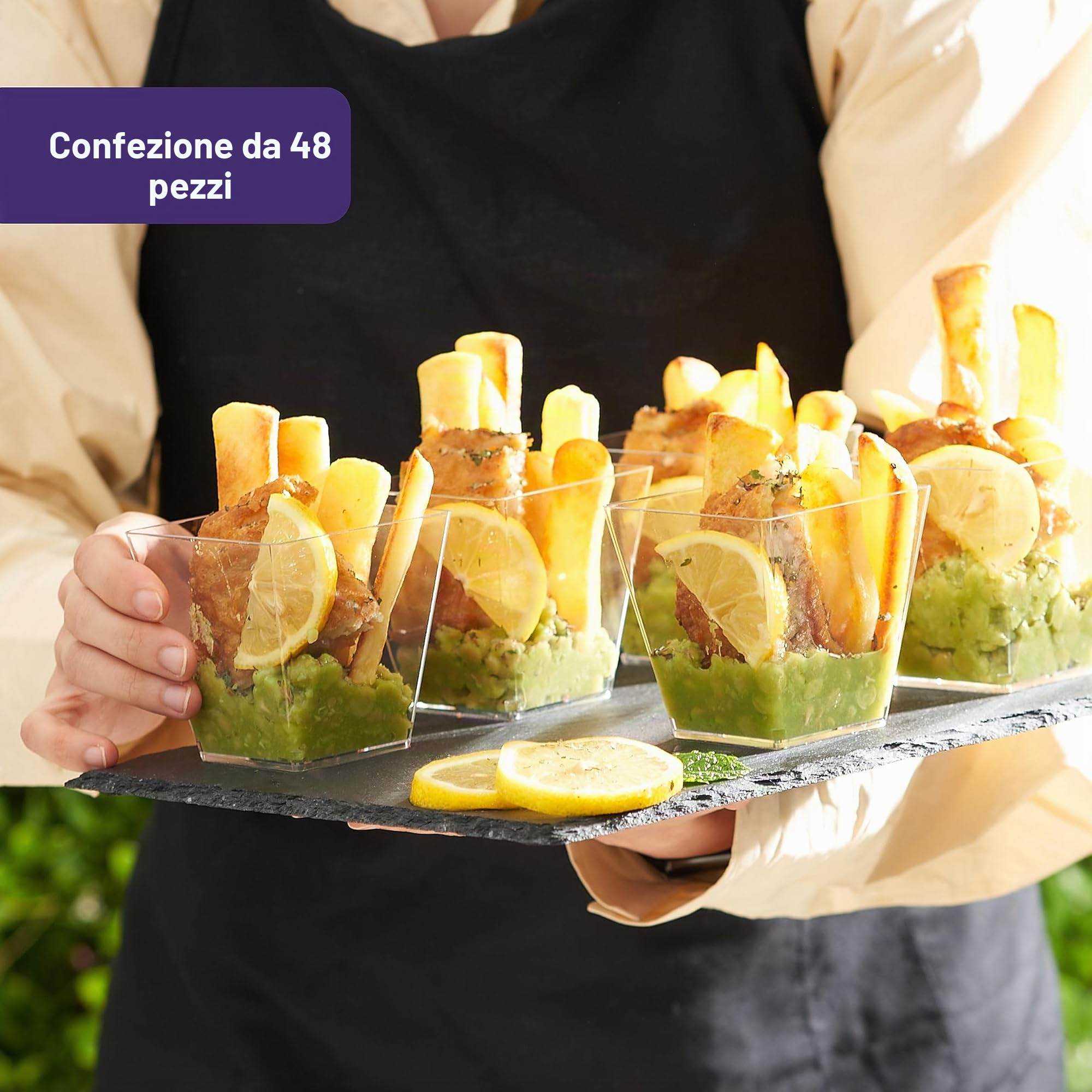 Matana - 48 Bicchieri Monoporzione per Dolci (Quadrati, 225ml) - Coppette per Dessert, Finger Food, Mousse, Budini, Tiramisù - Resistenti e Riutilizzabili - per Feste e Buffet