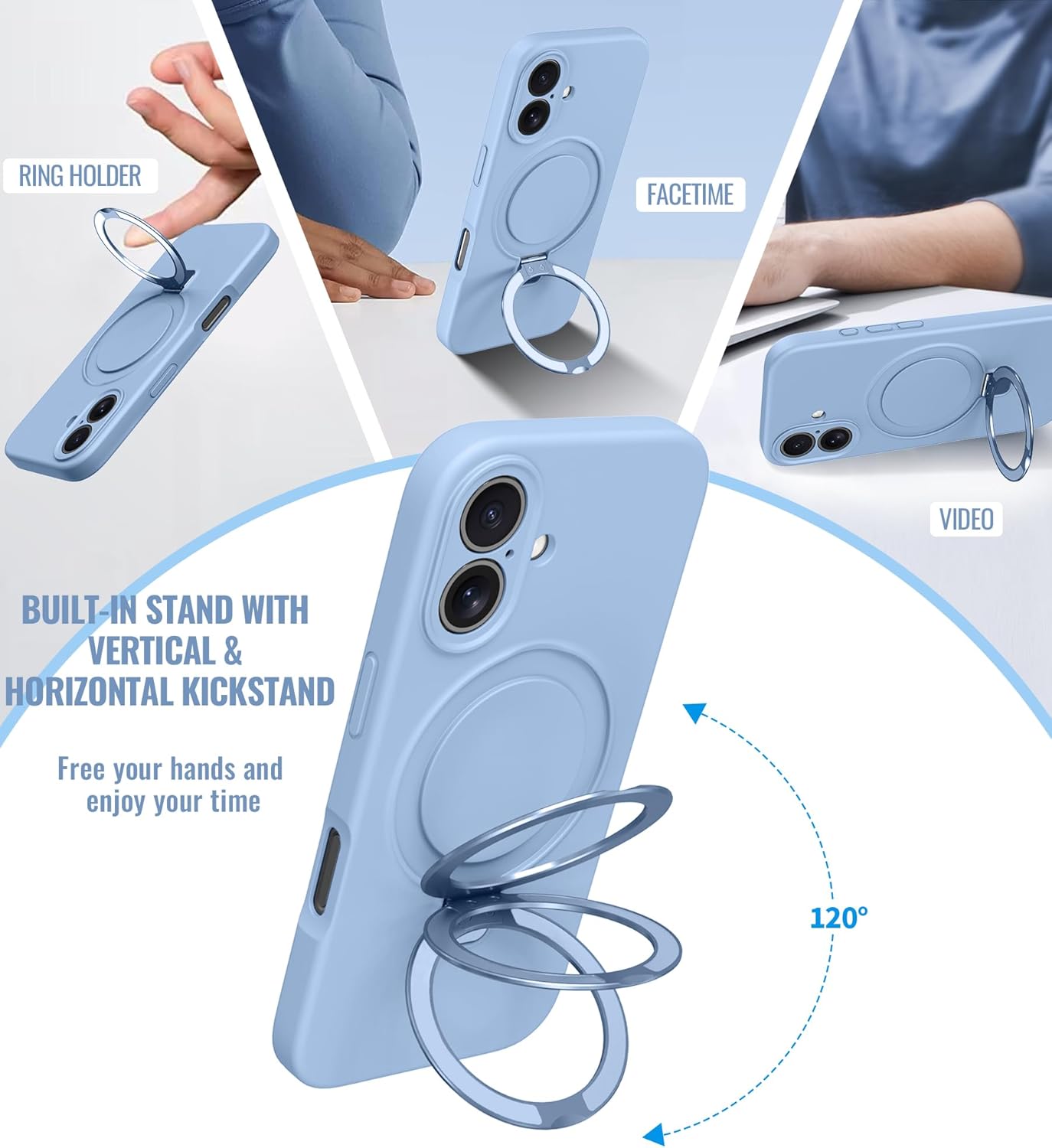 for iPhone 16 Case Stand, Slim Comfortable Liquid Silicone Phone Cases Compatible with MagSafe Magnetic Ring Kickstand Stand Case Full Camera Protection Fit for iPhone 16 6.1", Light Blue