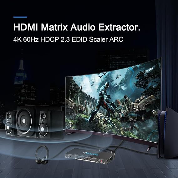 HDMI Matrix 4 in 2 Outputs 4K 60Hz 4:4:4 ARC HDR D-olby Vision Atmos SPDIF 5.1CH Breakout 3.5mm Stereo HDCP2.2- PC Console 16 EDID HDMI Scaler 4K 1080P Sync, HDCP2.2 HDMI2.0 Matrix 4x2 IR Remote