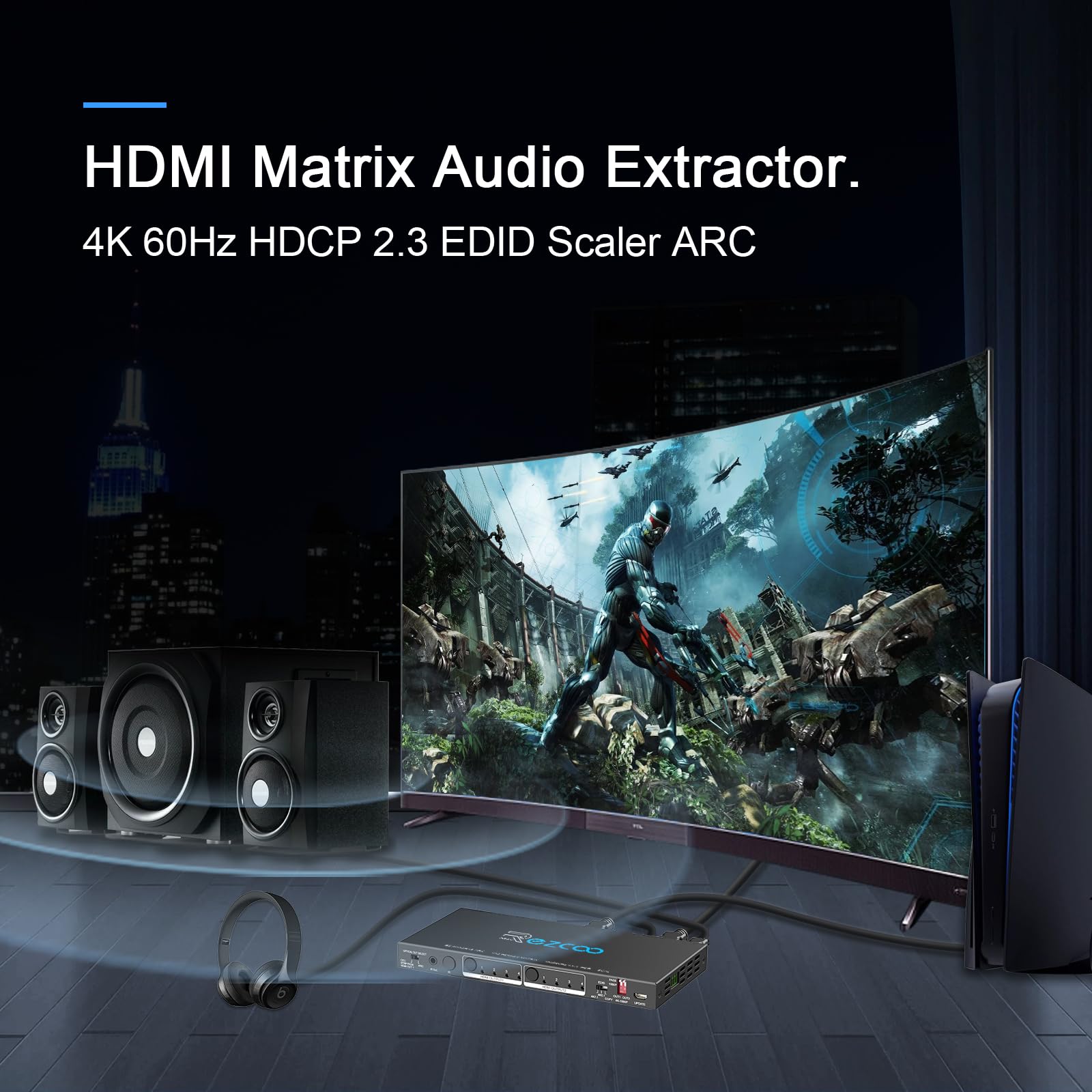 Matrice HDMI 4 in 2 Out 4K 60Hz 4:4:4 ARC HDR D-olby Vision Atmos SPDIF 5.1CH Breakout 3.5mm Stereo HDCP2.2- Console PC 16 EDID HDMI Scaler 4K 1080P Sync, HDCP2.2 HDMI2.0 Matrix 4x2 IR Remote
