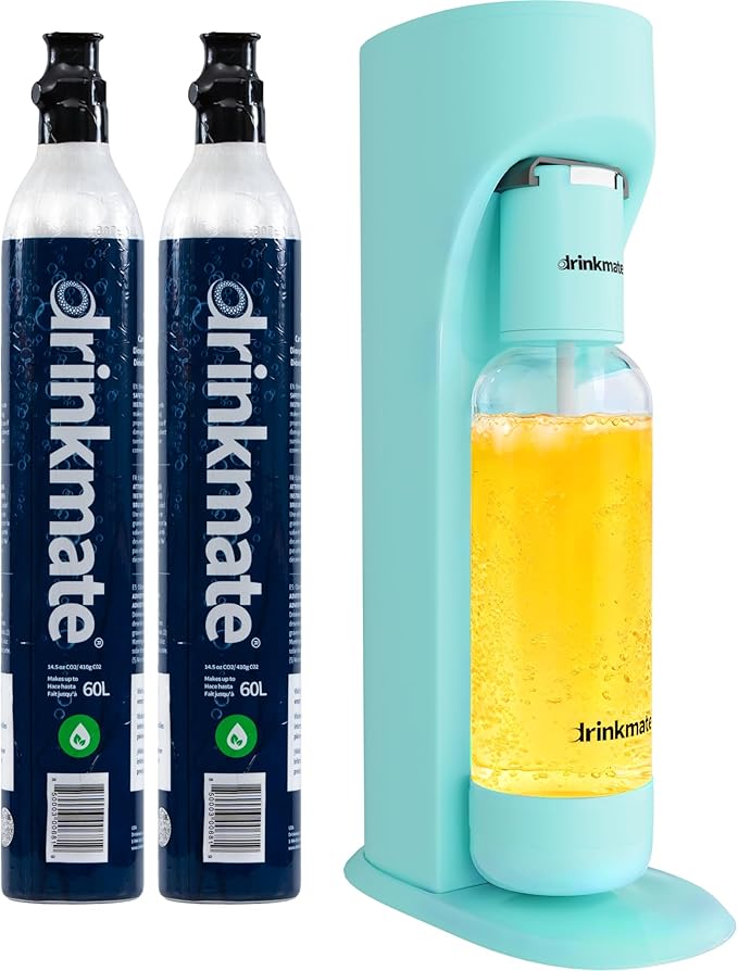 Drinkmate OmniFizz sparkling water and soda maker bundle in arctic blue with bottles and CO2 cylinders