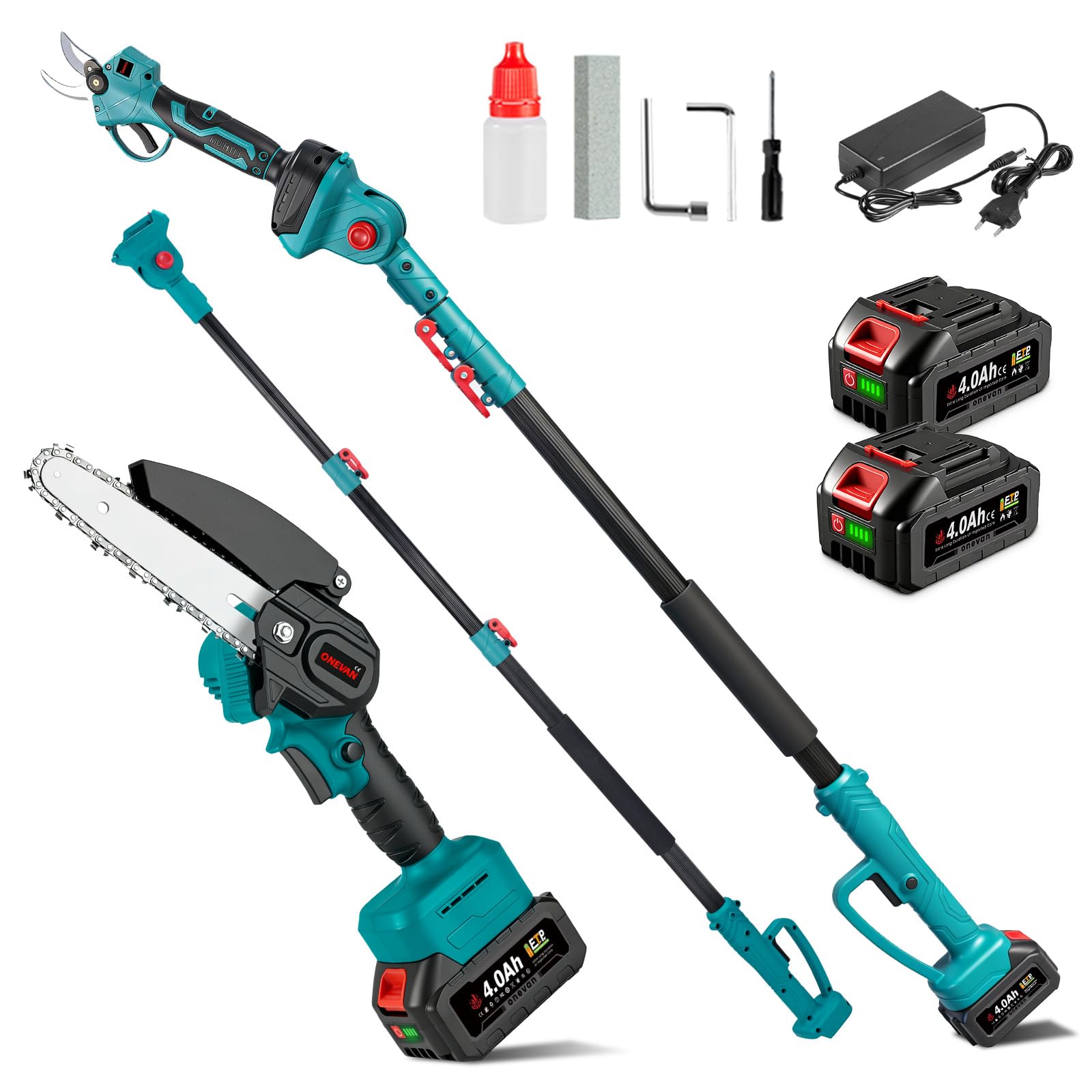 ONEVAN Podadora y Tijera de Podar Telescópica 4 en 1, con Sierras de Cadena de 15 cm y Tijera de 25 mm, Barra Extensible de 260 cm, Ángulo Ajustable 180°, Incluye 2 Baterías de 4000 mAh