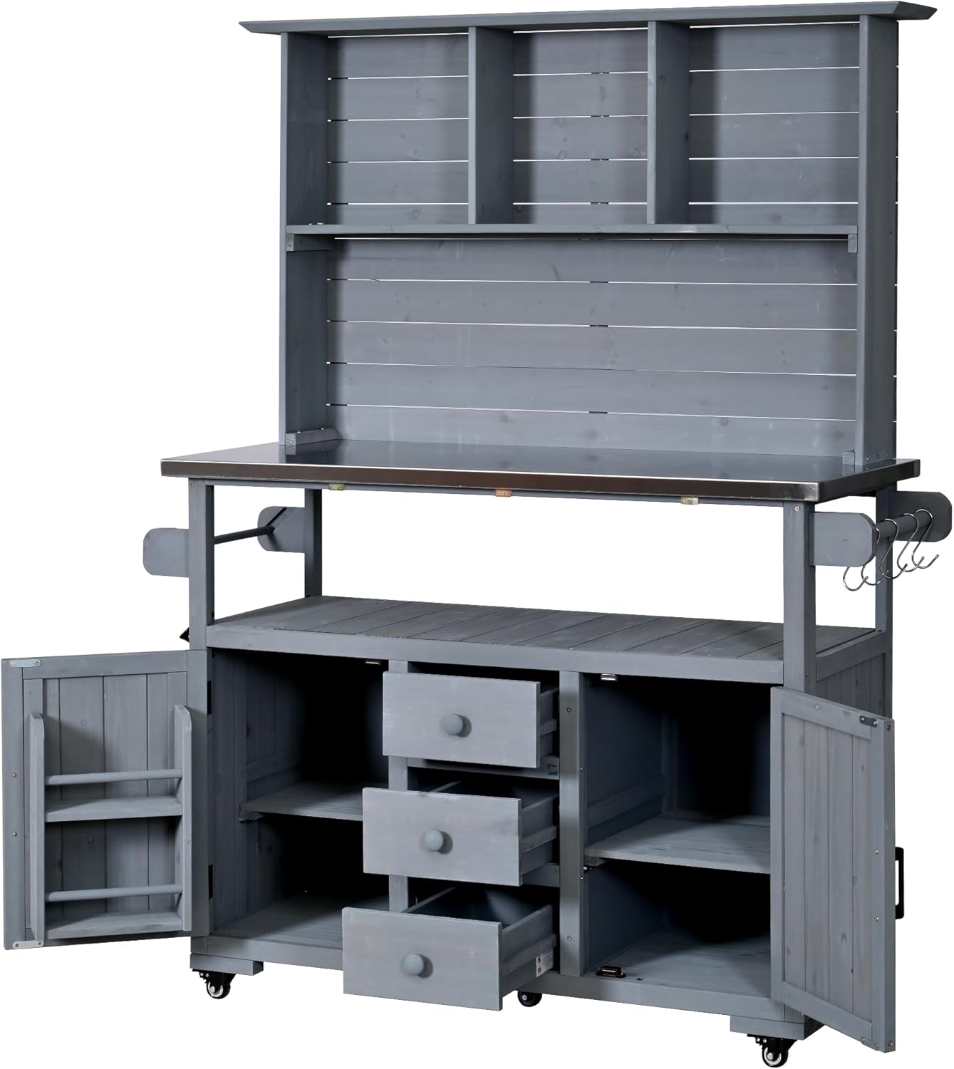 Outdoor Potting Bench Table with Wheels, Wood Garden Workstation with Stainless Steel Top, Side Hooks, Storage Drawers and Cabinets, Farmhouse Potting Table for Outside, Patio, Backyard,Grey
