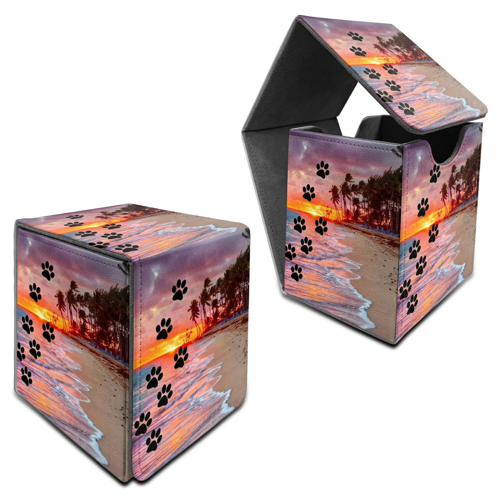 RWUTYTIUL for MTG Commander Deck Box, Card Storage Box Fits 100+ Sleeved Cards, PU Leather Large Size Strong Magnet Card Deck Case Holder for Board Game Magic MTG TCG CCG, Dog Paw Print Beach