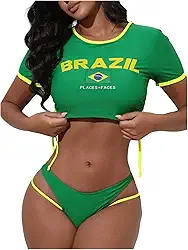 Conjunto feminino de duas peças com letra e bandeira do Brasil, manga curta, top cropped e parte inferior de biquíni recortada