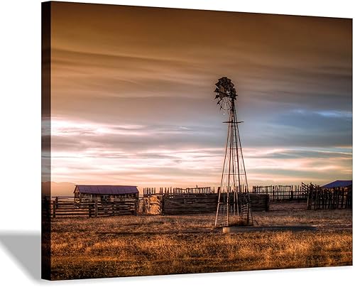 Miniatura 1 de Rustic Windmill Picture Wall Art Plains Landscape Artwork Farmhouse Painting Print on Canvas for Living Room (16'' x 12'' x 1 Panel)