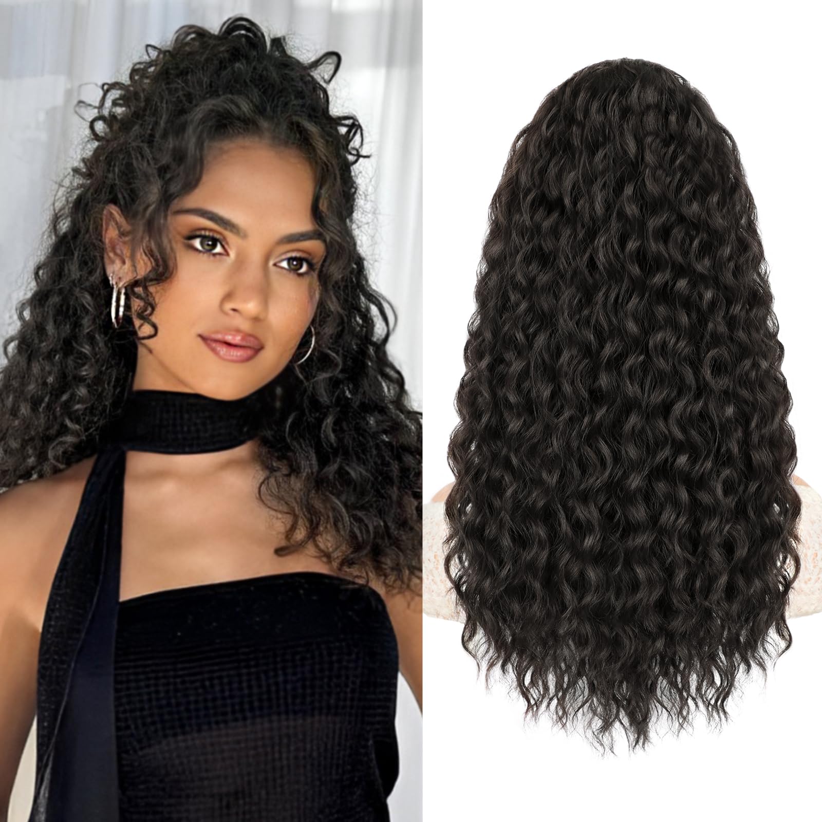 AISI BEAUTY Curly Ponytail Extension, Brown Black Drawstring Ponytail Extension for Black Women Synthetic Curly Wavy 20 Inch Fake Clip in Hairpieces