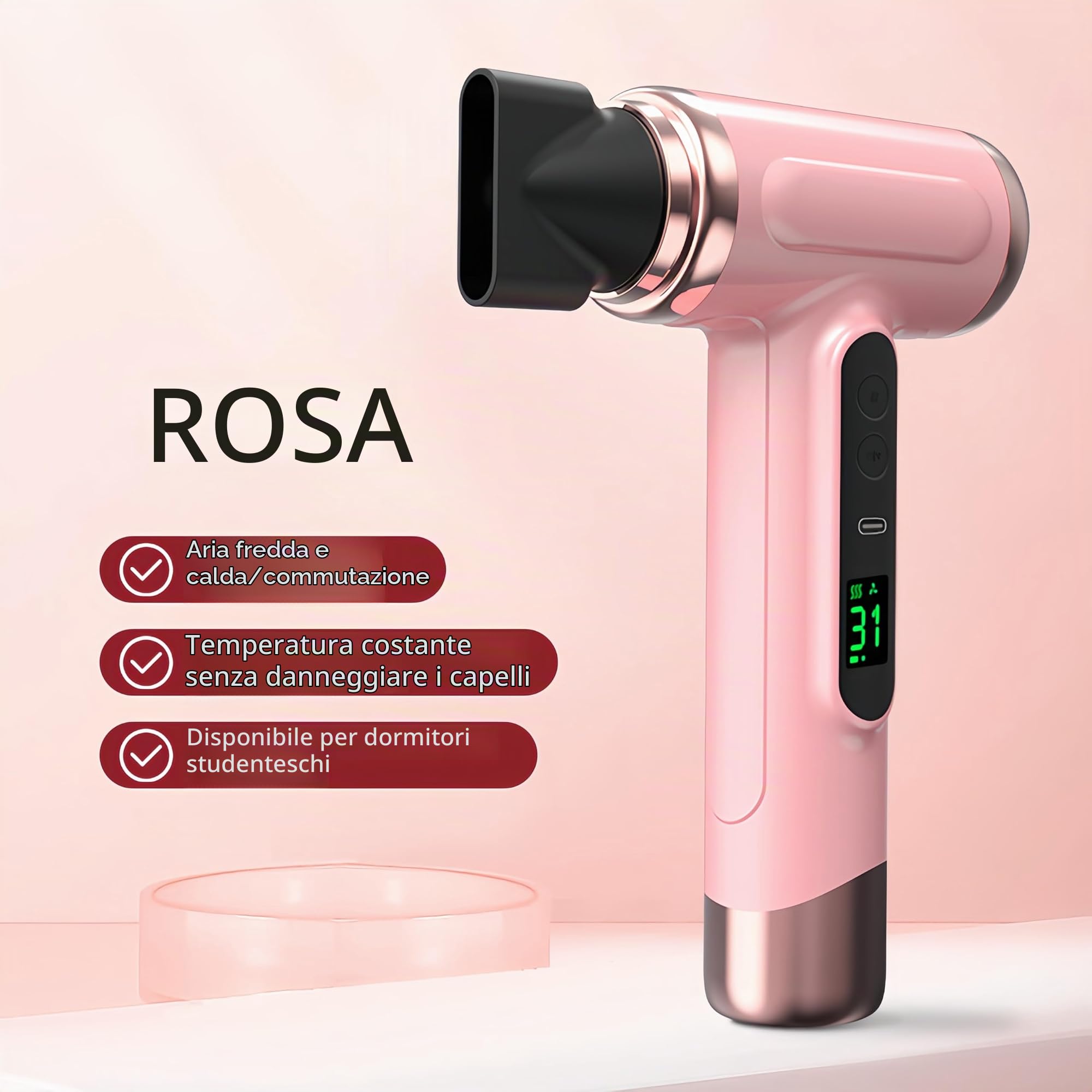 Pro Asciugacapelli da Viaggio Ricaricabile - 3 Velocità e 3 Temperature Asciugacapelli Cordless, 15000mAh Asciugacapelli Portatile con Schermo Digitale per Donne in Campeggio,