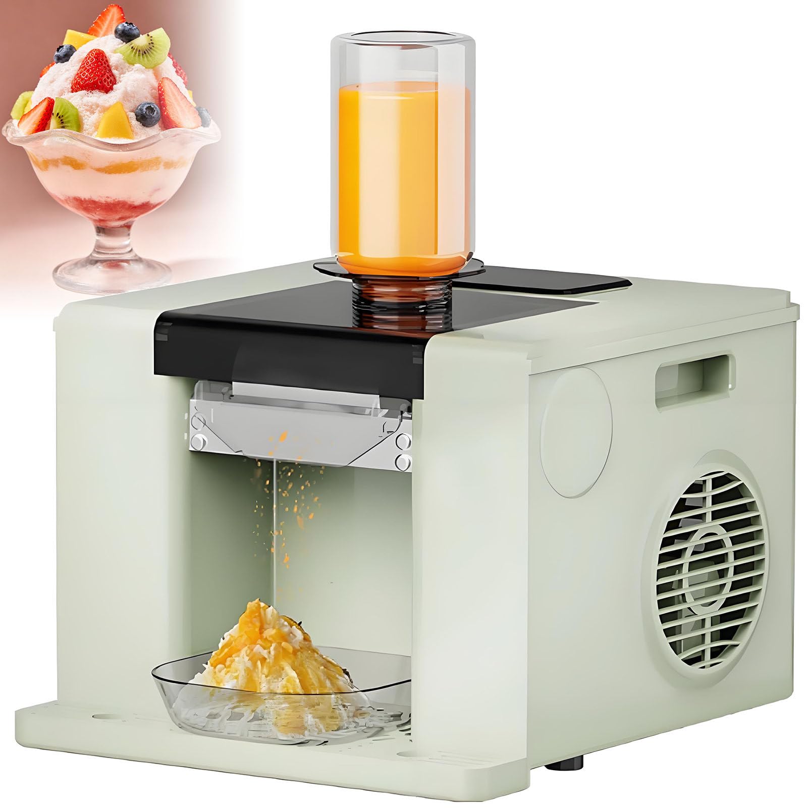 SHENGSHIYU Commercial Snowflake Ice Maker,280W Electric Ice Crusher with 750ml Feed Cup,3 Portions Preset Dispensing,Intelligent Speed Control,Adjustable Ice Thickness,One-Touch Auto Cleaning Green
