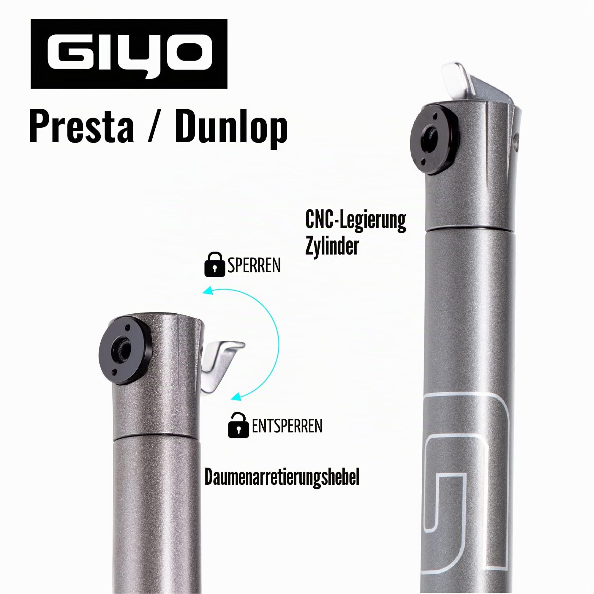 GIYO Mini-Fahrradpumpe für Rennräder, Presta-Ventil, 120 PSI CNC-Teleskopfass, leicht und tragbar, sicheres Ventilschloss, hergestellt in Taiwan (GM04)