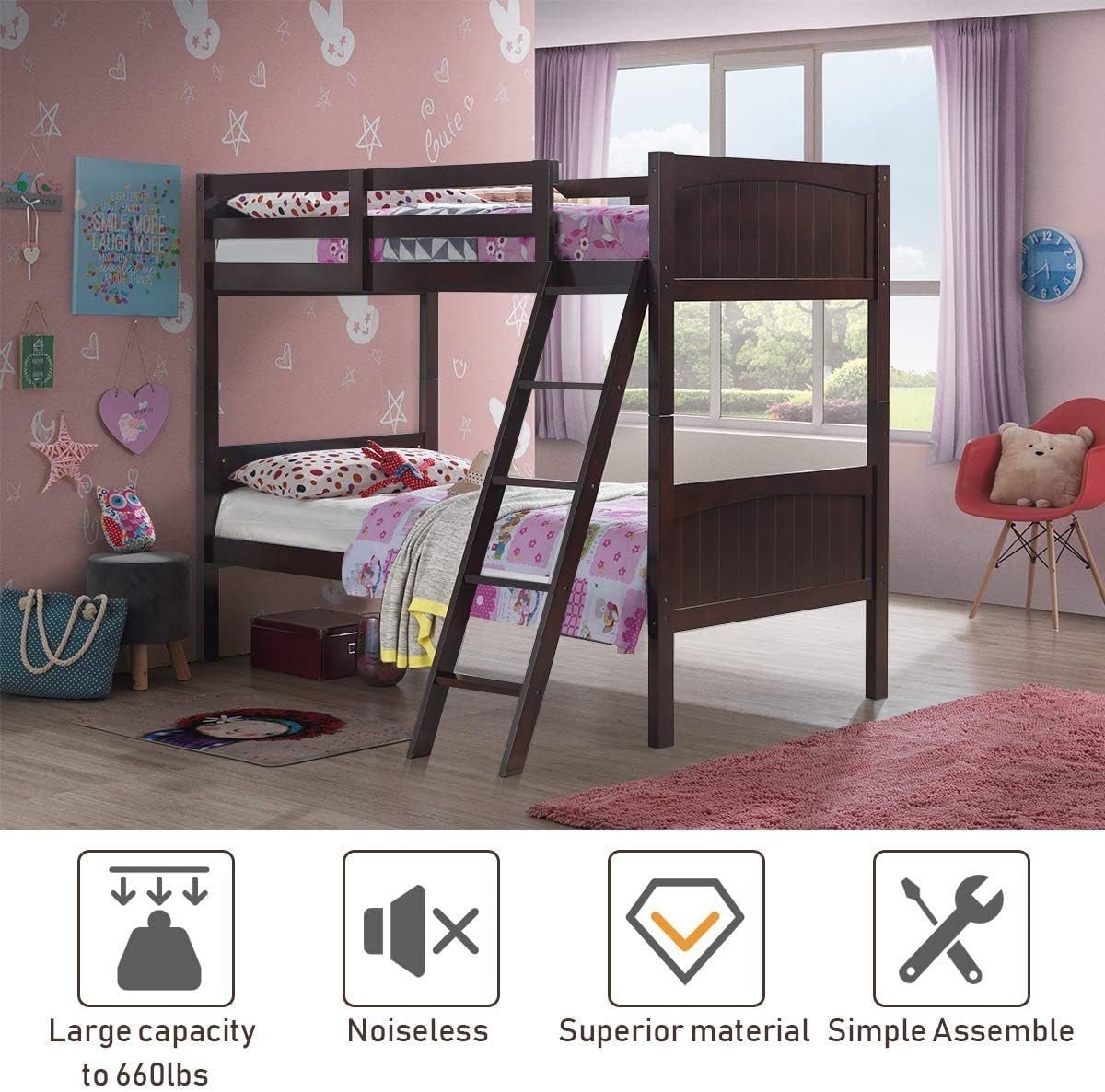 ReunionG Twin Bunk Beds with Ladder and Safety Rail, Rubber Wood Bunk Bed Convertible Into 2 Single Beds for Kid, Twin Over Sleeping Bed, Easy Assembly (Espresso)