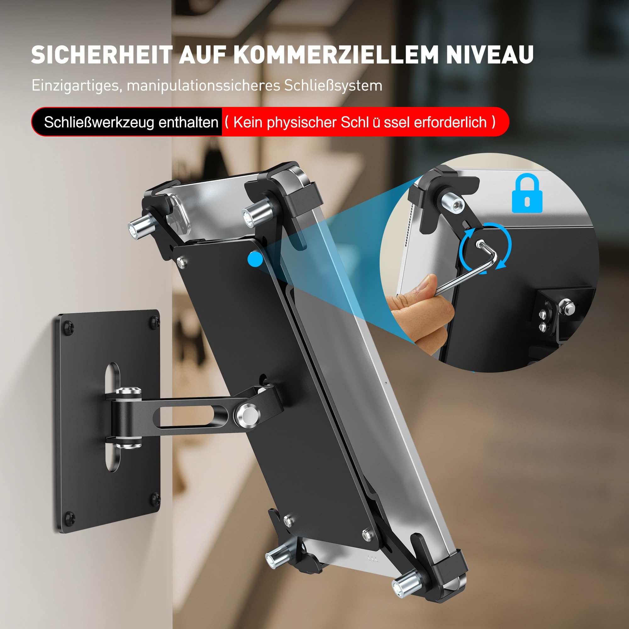 AboveTEK Universelle Tablet-Wandhalterung, Anti-Diebstahl mit abschließbarem Gehäuse, für 9,7"–13" Tablets, Robustes Aluminium, ideal für POS, 360° dreh- & neigbare VESA-Halterung-Schwarz