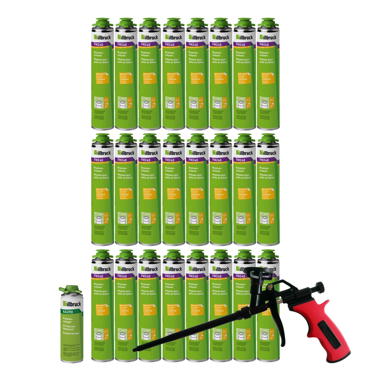 FM240 - Espuma de poliuretano para fuente, resistente a la putrefacción del agua y al calor, 750 ml con limpiador AA290 + pistola de espuma Business, 24 unidades