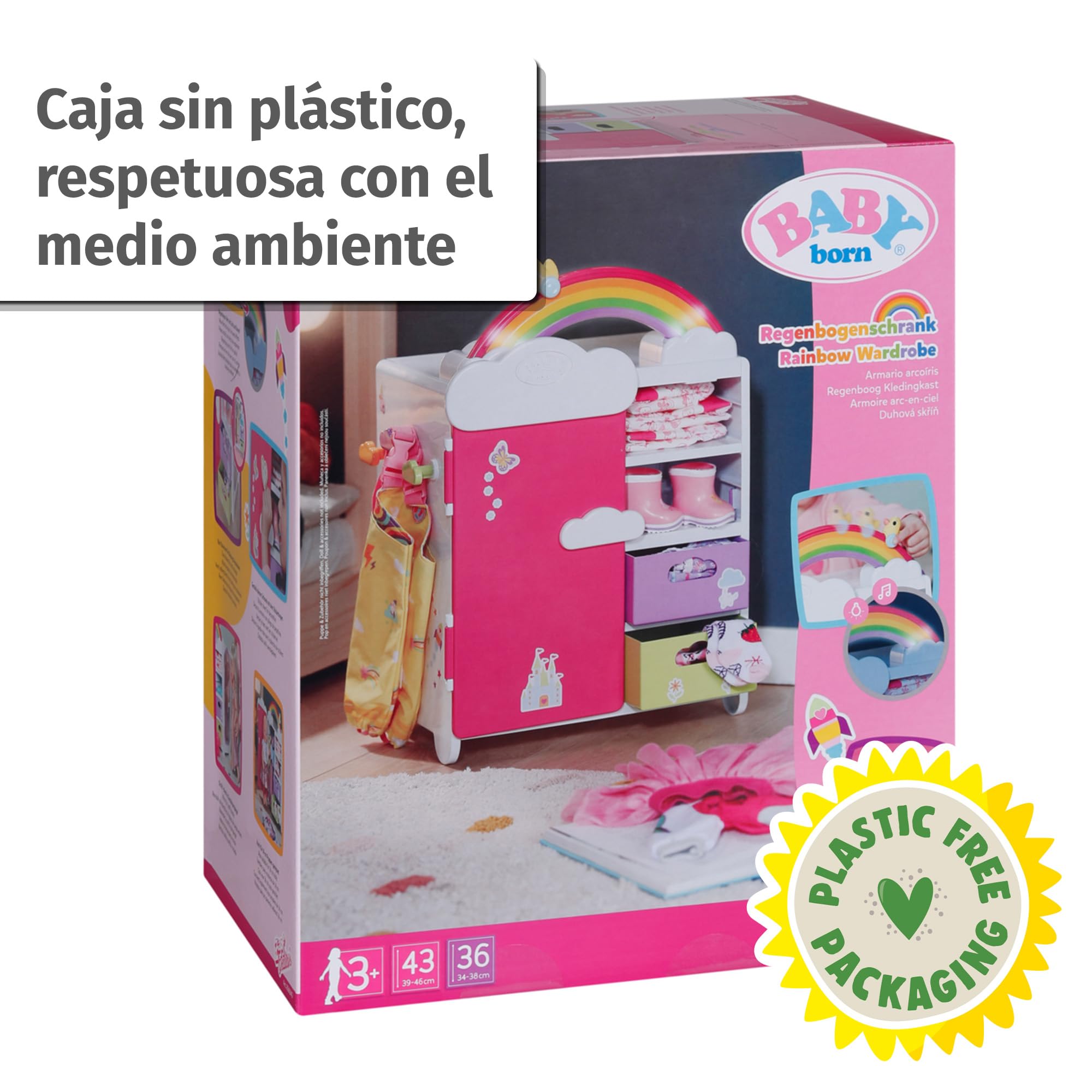 Armario arcoíris BABY born – con luz, Sonidos, cajones, Perchas y Pegatinas - Accesorios de Calidad para muñecas