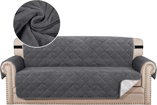 BellaHills Thick Velvet Sofa Covers Plush Couch Cover for 3 Cushion Sofa Slipcover Protector from Pets Dogs with Non Slip Backing and Wider Elastic Strap (3 Seater, Grey)