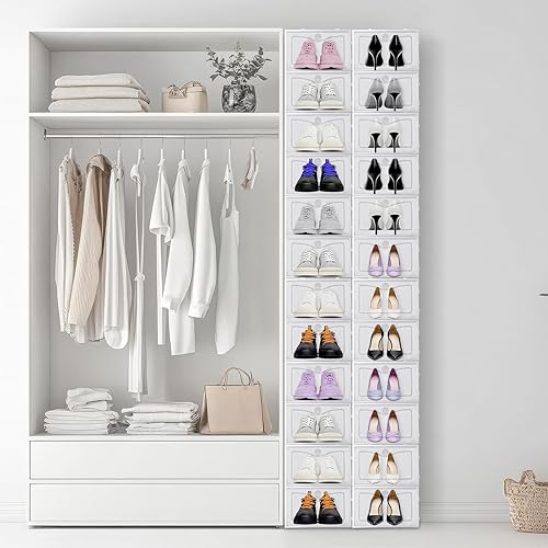 Miniatura 7 de Paquete de 24 cajas de zapatos para armario, tamaño 9, organizadores apilables de almacenamiento de zapatos con tapas, contenedores plegables de