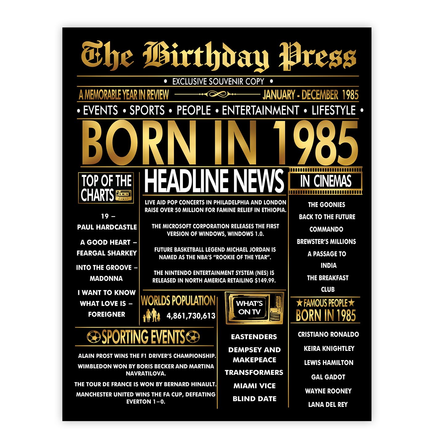 Stuff4 Gold 41st Birthday Poster Unframed - Golden Born In 1985 Newspaper - Happy 41 Birthday for Men Women Retro Vintage Gifts Back In 1985, 8x10 Inch Bday Party Decor Decoration