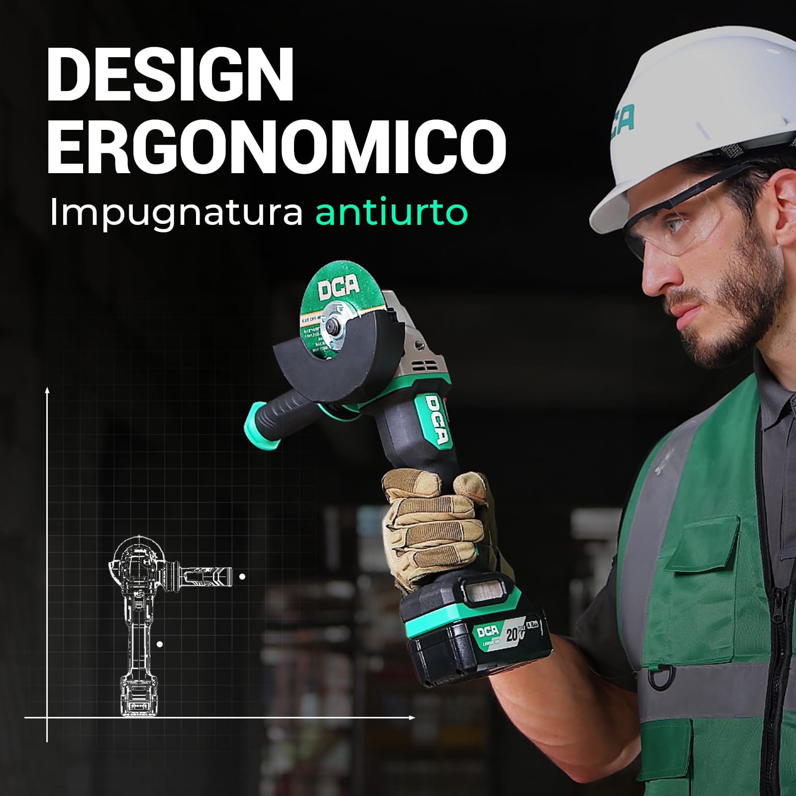 DCA Smerigliatrice Angolare a Batteria Brushless 20V, Ø125mm, incl. Batteria 4.0Ah & Caricabatterie Rapido, 8500 giri/min. con Coperchio a Sgancio Rapido, 6 Dischi per Taglio, Smerigliatura